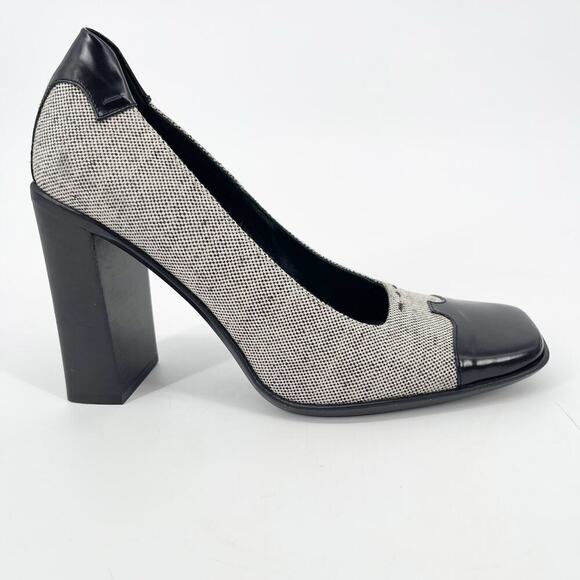 Prada Vintage 90s Black Leather Trim Gray Fabric Square Toe Block Heels IT 38 - Picture 2 of 10